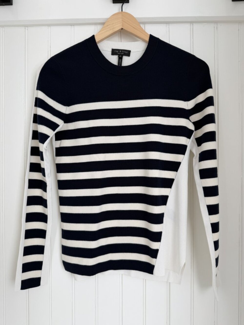 rag & bone Merino Wool Blend Breton Stripe Crewneck Sweater — Navy Cream, S